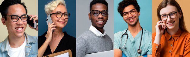 Medium shot people with glasses posing in studio