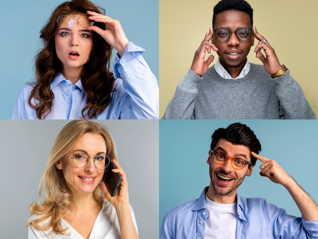 Free photo medium shot people with glasses posing in studio