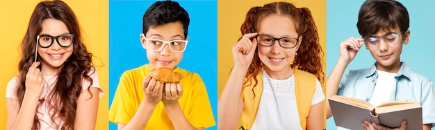 Medium shot people with glasses posing in studio