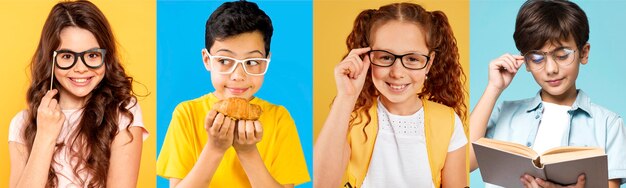 Free Photo medium shot people with glasses posing in studio