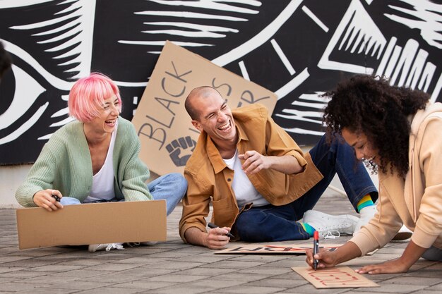 Medium shot people writing on placards