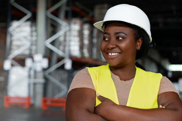 Medium shot plus-size woman working in construction