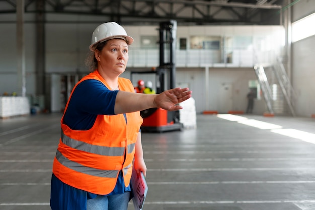 Medium shot plus-size woman working in construction