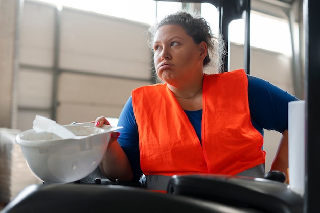 Medium shot plus-size woman working in construction