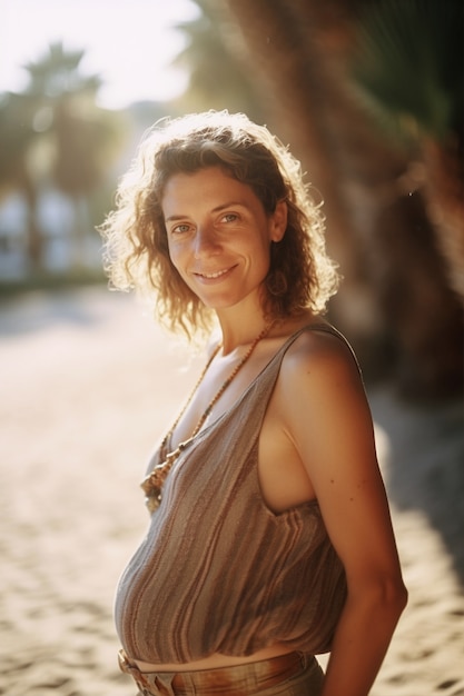 Medium shot pregnant woman posing outdoors