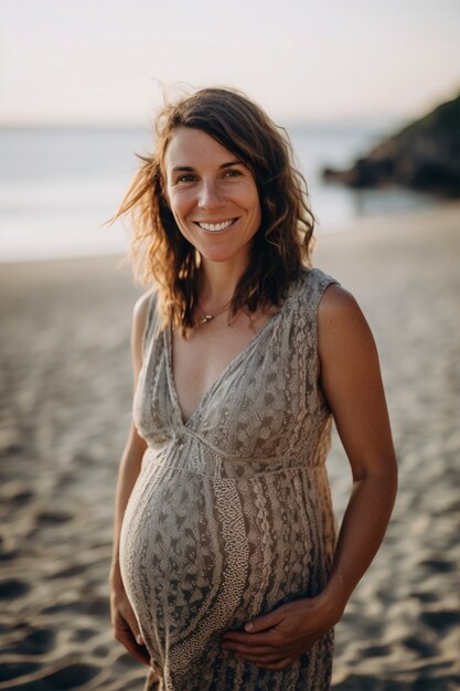 Medium shot pregnant woman posing outdoors