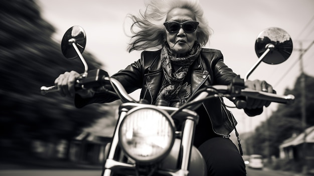 Free photo medium shot rebellious granny on motorcycle