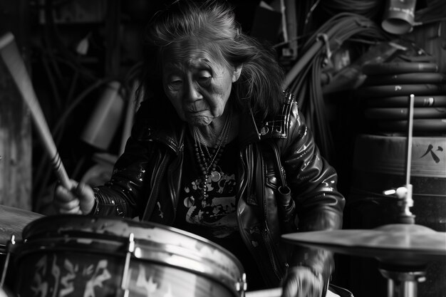 Medium shot rebellious granny playing the drums