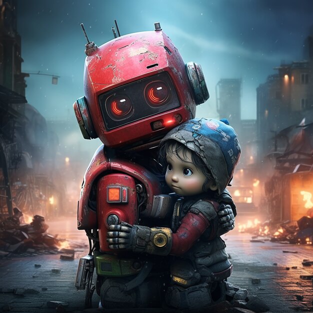 Medium shot robot and kid hugging