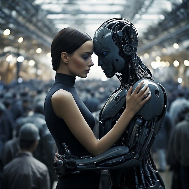 Medium shot robot and woman hugging