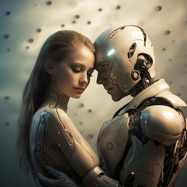 Medium shot robot and woman hugging