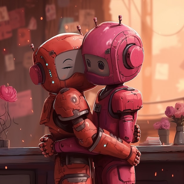 Medium shot robots hugging fantasy world