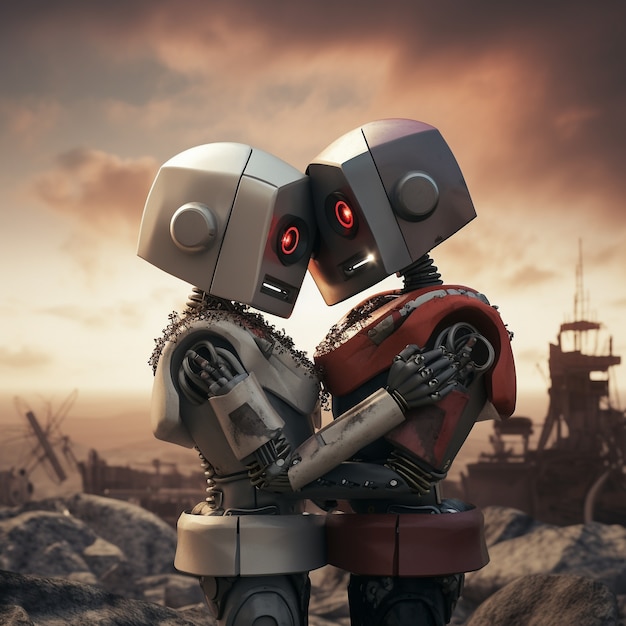 Medium shot robots hugging fantasy world