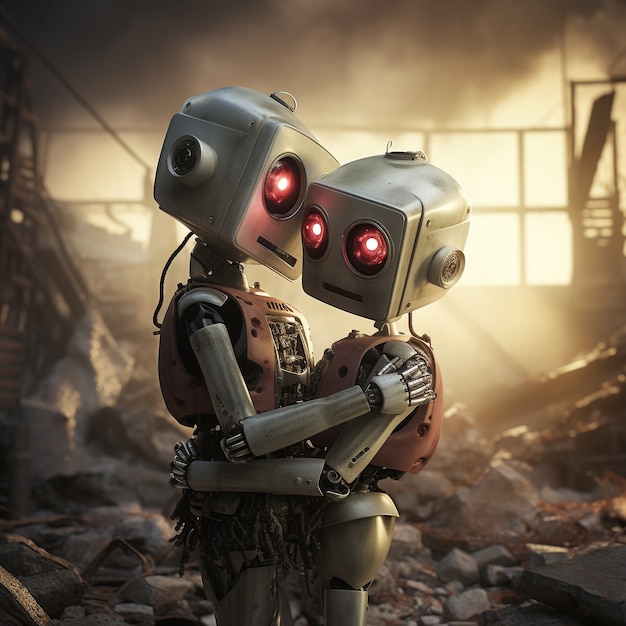 Free photo medium shot robots hugging fantasy world