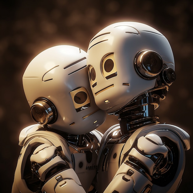 Medium shot robots hugging fantasy world