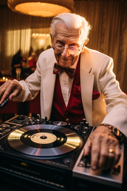 Medium shot senior man being dj