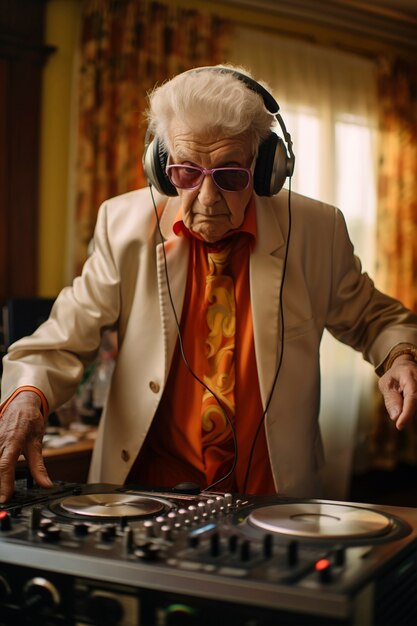 Medium shot senior man being dj