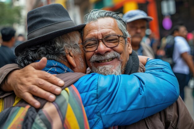 Medium shot senior men hugging