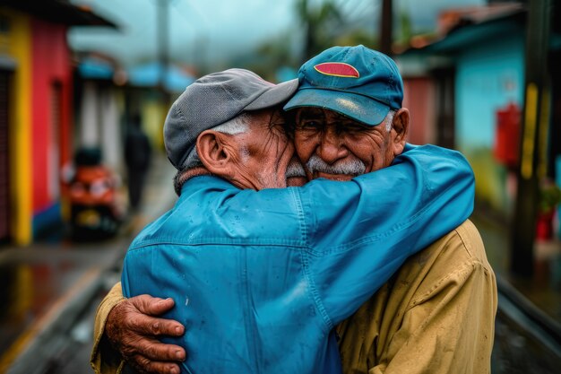 Medium shot senior men hugging