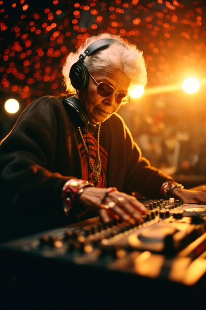 Medium shot senior woman being dj