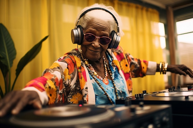 Medium shot senior woman being dj