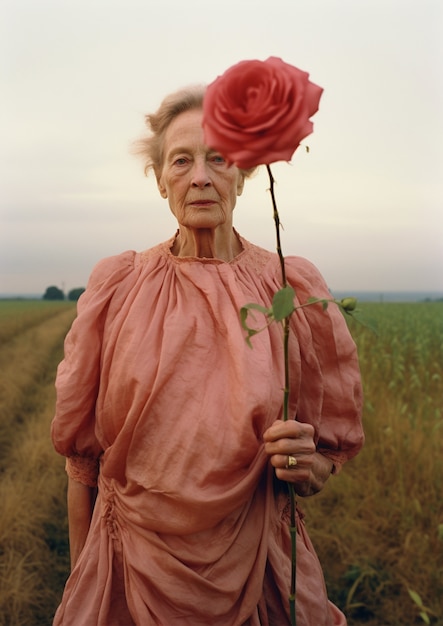 Medium shot senior woman posing with rose