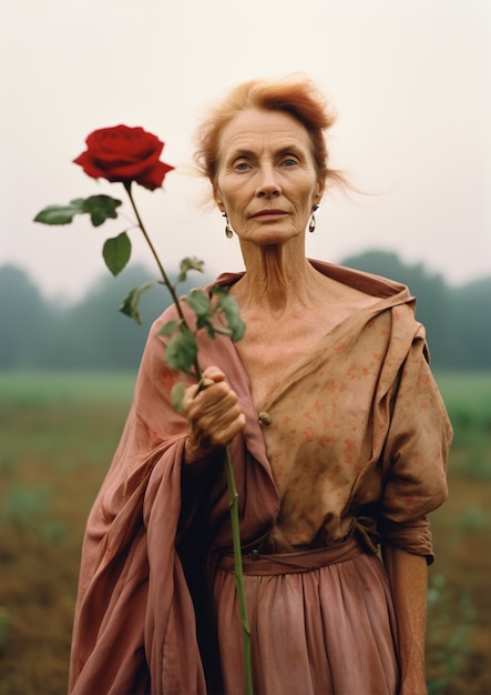 Medium shot senior woman posing with rose