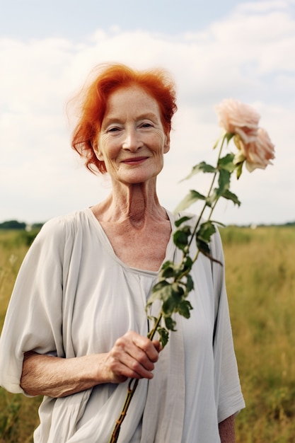 Medium shot senior woman posing with rose