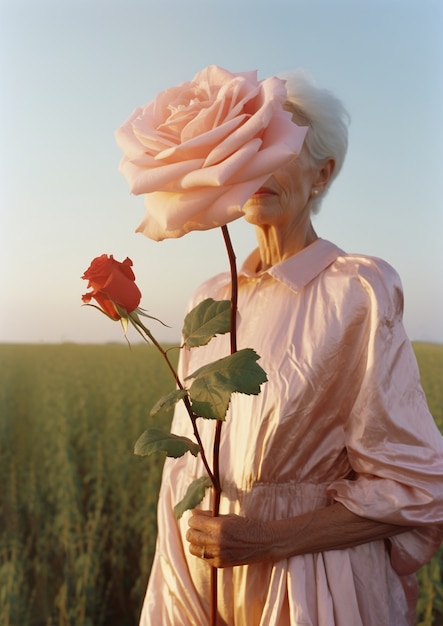 Free photo medium shot senior woman posing with rose