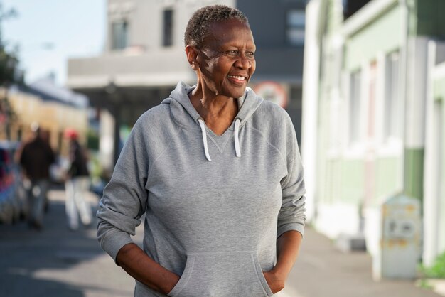 Medium shot smiley black woman outside