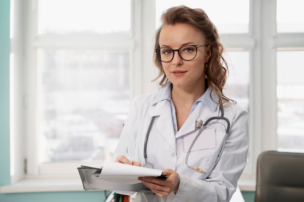 Free photo medium shot smiley doctor with coat