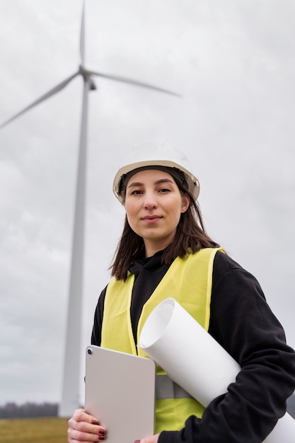 Free Photo medium shot smiley engineer holding plan and tablet