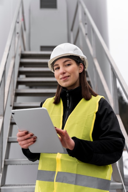 Free photo medium shot smiley engineer holding tablet