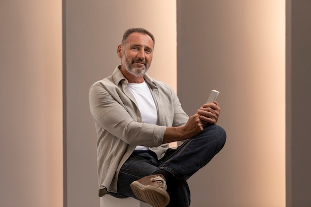 Medium shot smiley man holding book