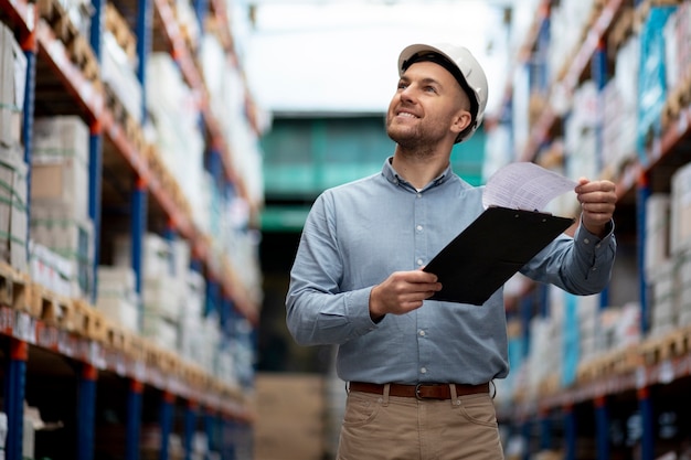 Medium shot smiley man at warehouse