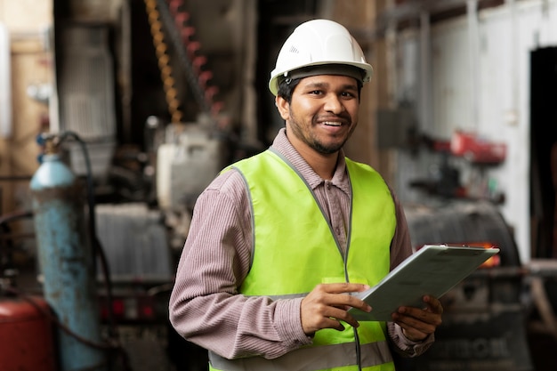 Medium shot smiley man wearing helmet