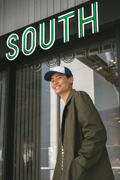 Free photo medium shot smiley man wearing trucker hat