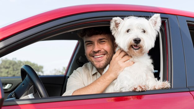 Medium shot smiley man with dog