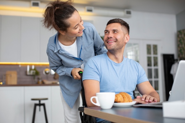 Medium shot smiley people with breakfast