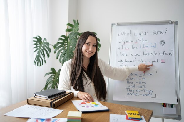 Medium shot smiley teacher with whiteboard