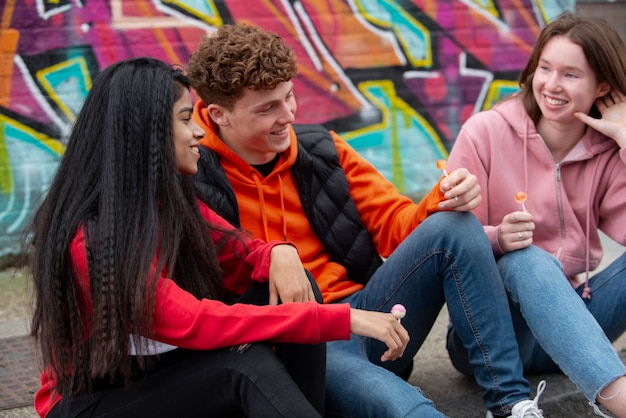 Medium shot smiley teens outdoors