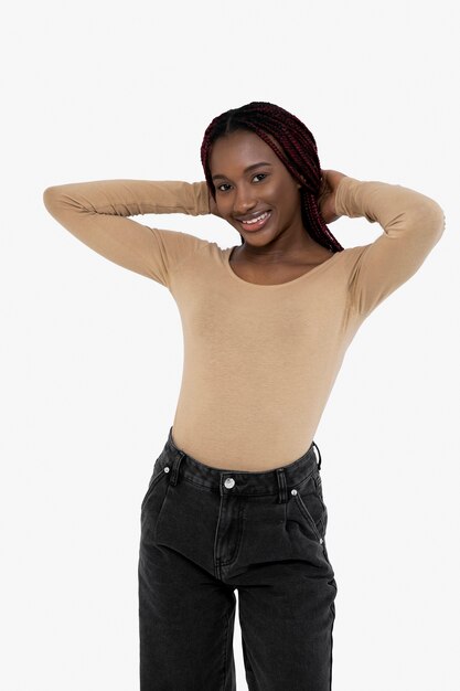 Medium shot smiley woman posing with blank shirt