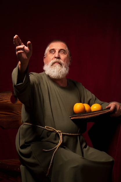 Medium shot st nicholas holding book and oranges