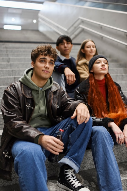 Free photo medium shot teens sitting on stairs