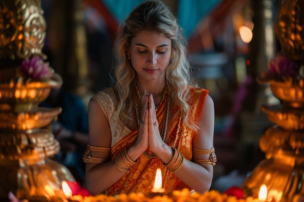 Free Photo medium shot woman celebrating tamil new year