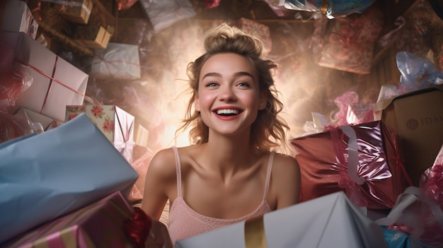 Free photo medium shot woman celebrating with gifts