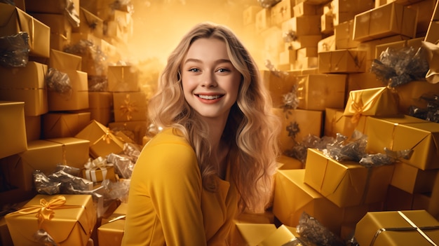 Medium shot woman celebrating with gifts