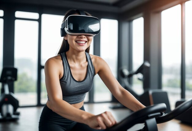 Medium shot woman doing fitness with vr glasses