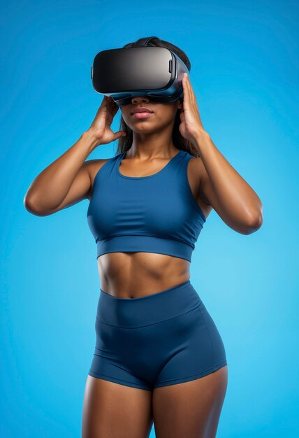 Medium shot woman doing fitness with vr glasses