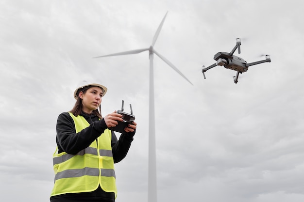 Free photo medium shot woman engineer controlling drone